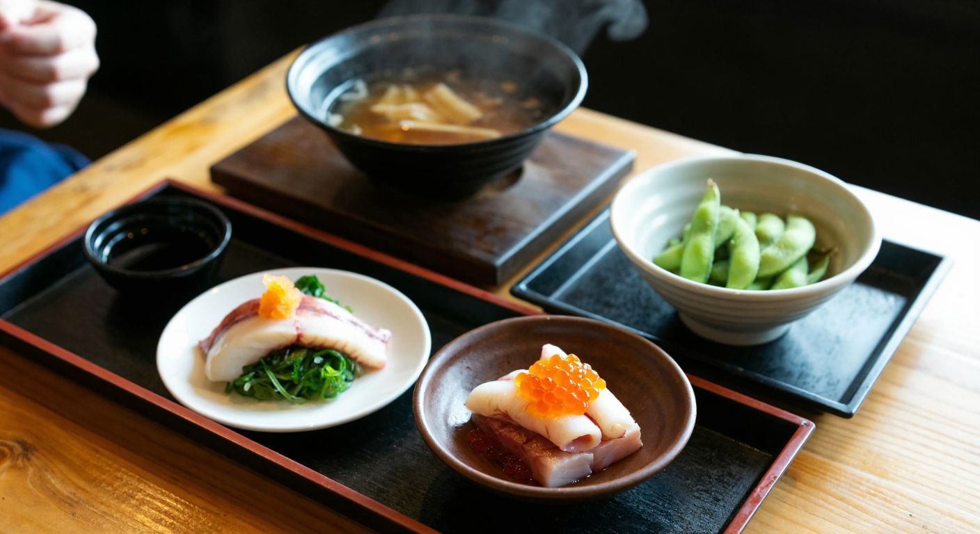 A rustic wooden table in a cozy izakaya setting displays small plates of dried fish, fermented squid, and vibrant orange salmon roe, with a steaming bowl of edamame beside them.