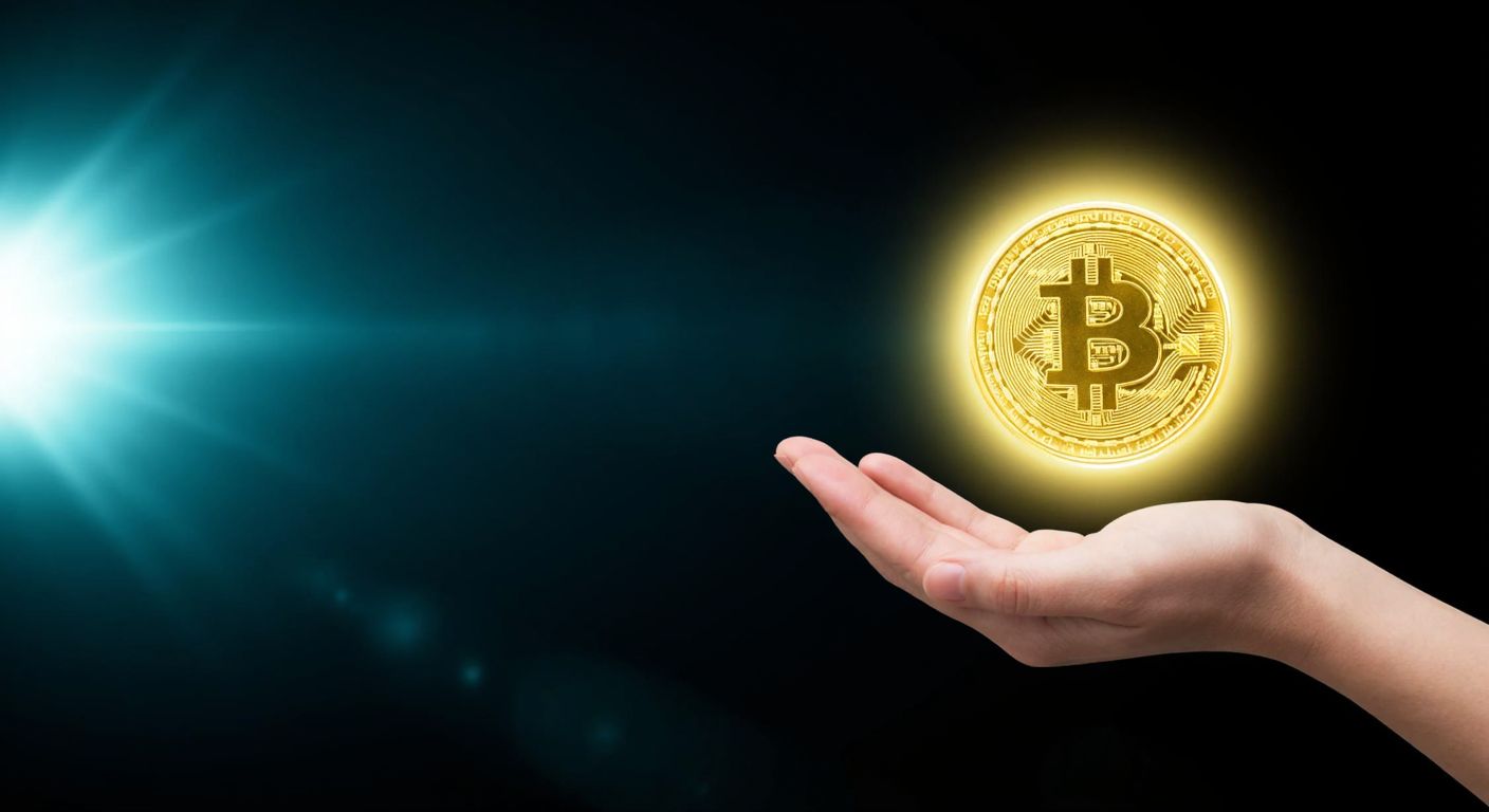 A glowing golden coin with a futuristic digital sheen floats above an open palm against a dark, abstract background, symbolizing the concept of digital cash.