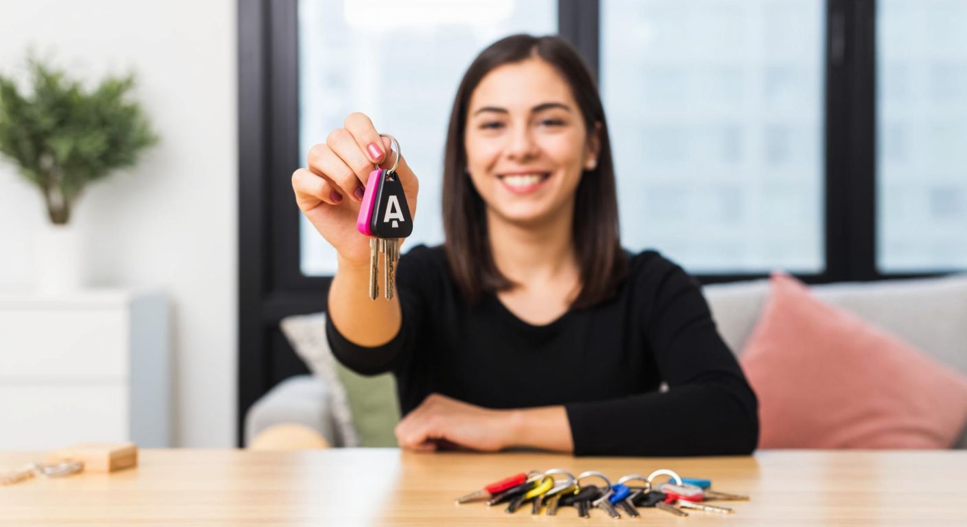 A smiling Turkish woman in a cozy home setting holds a colorful keychain with the letter "A" dangling from it, surrounded by neatly organized keys on a wooden table.