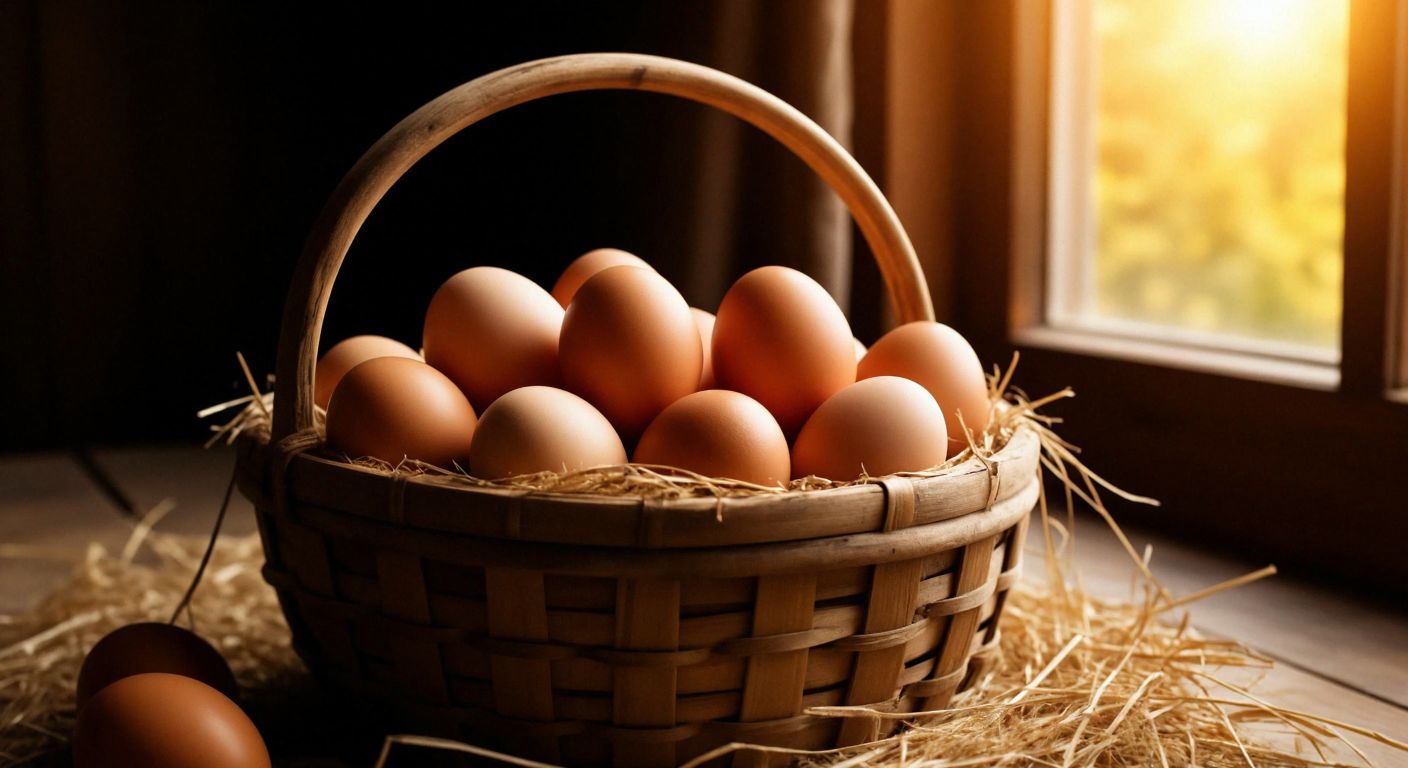 A rustic wooden basket filled with fresh, brown organic eggs, nestled in straw, with a warm golden sunlight filtering through a farmhouse window in the background.
