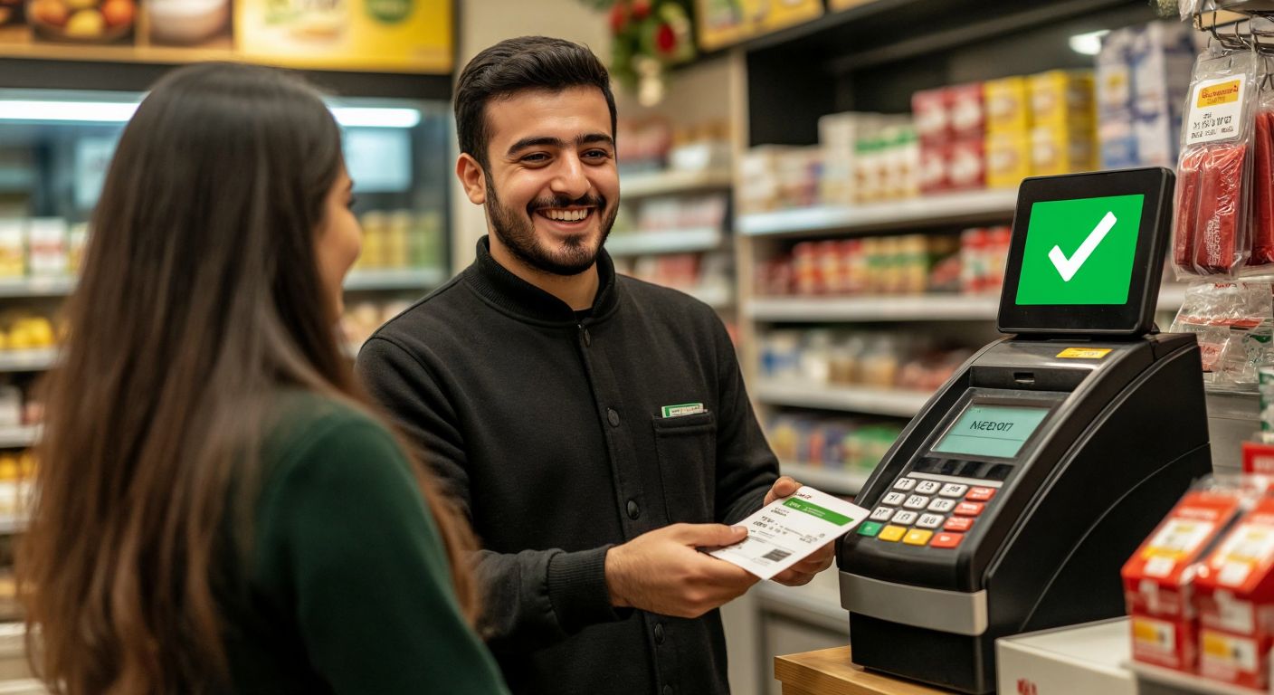 A smiling Turkish shopkeeper handing a receipt to a customer while a credit card machine displays a green checkmark, symbolizing a completed transaction.