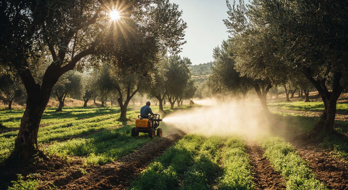 A sunlit olive grove in Turkey, with a farmer operating a turbo pesticide sprayer, its powerful mist evenly coating the trees while a traditional fan sprayer sits unused nearby.