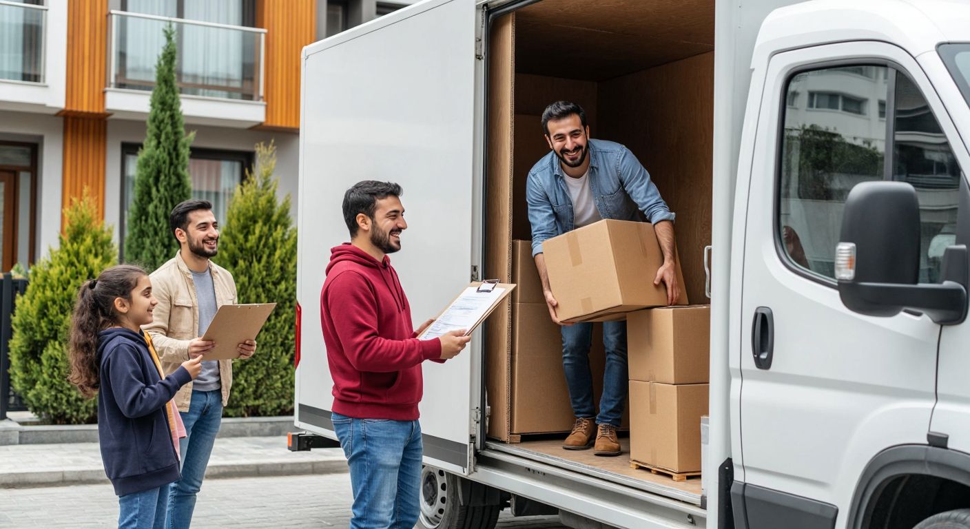 A smiling Turkish family watches as professional movers carefully load their furniture into a modern, well-maintained moving truck parked outside a vibrant Istanbul apartment, with a clipboard and insurance documents visible on the truck’s open door.