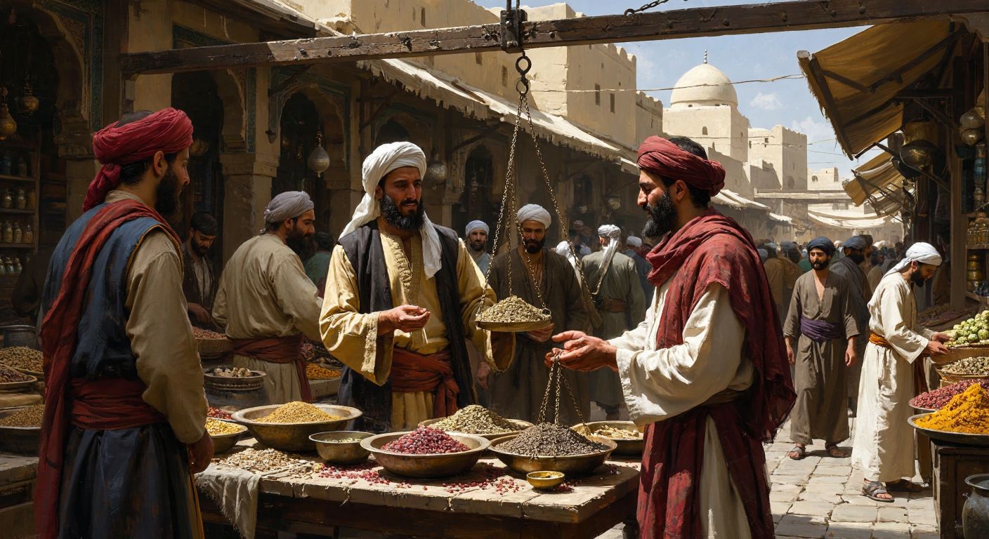 A bustling ancient marketplace with merchants in traditional Middle Eastern attire manipulating scales dishonestly, their faces showing greed while customers look on with suspicion and frustration.