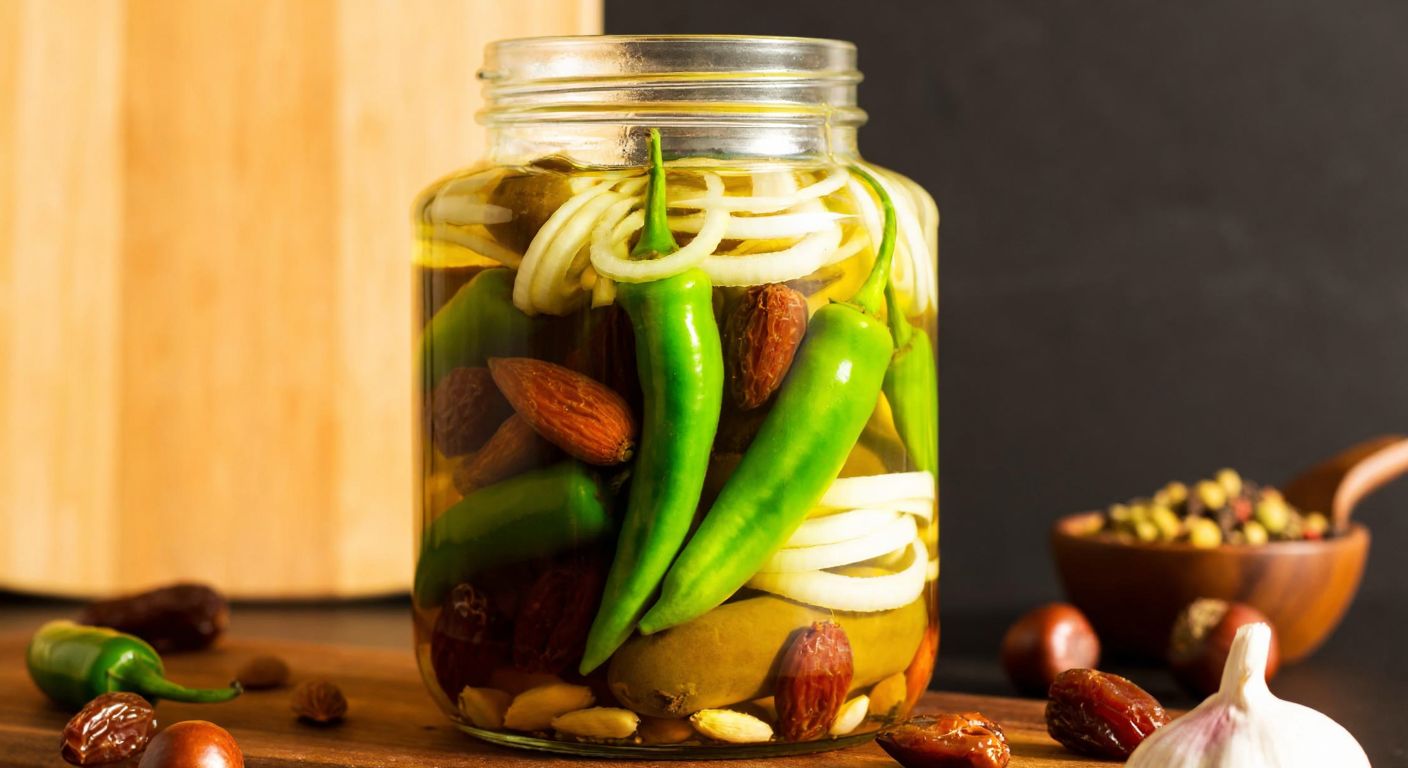 A vibrant glass jar filled with green chili peppers, whole spices, dried fruits like raisins, and sliced onions, bathed in golden vinegar under warm kitchen light.