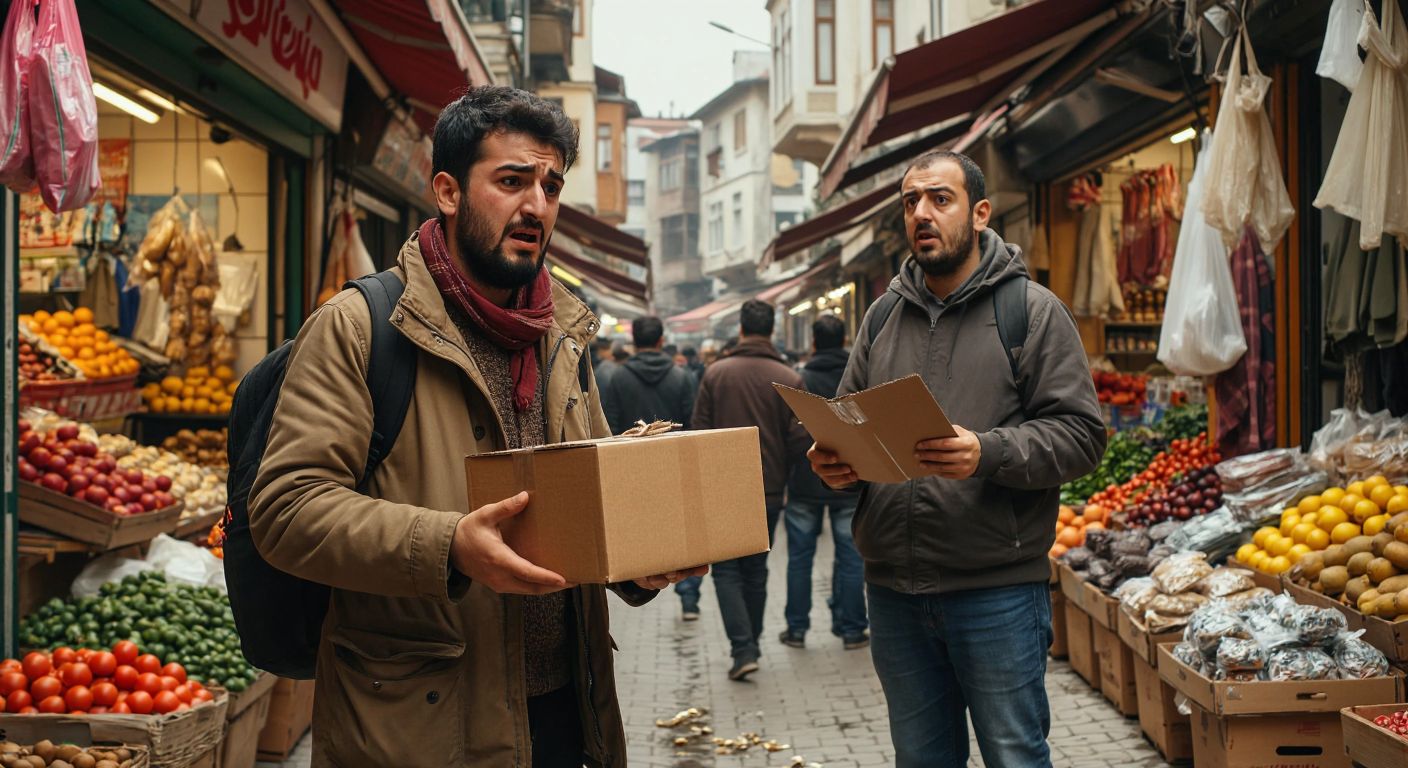 A frustrated Turkish customer holding an opened package with fewer items than expected, while a puzzled delivery person stands nearby in a bustling marketplace.