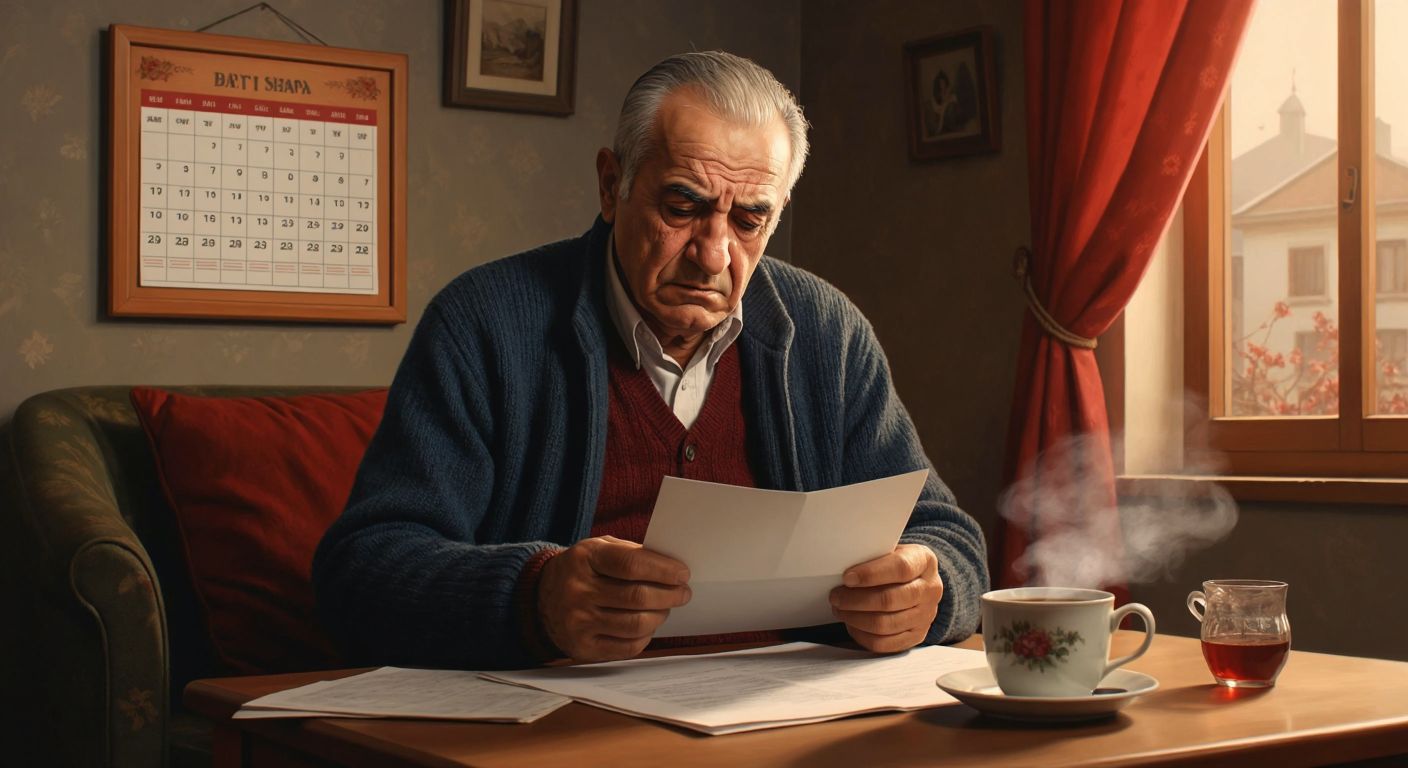 An elderly Turkish man in a cozy home setting, frowning while holding an empty envelope, with a calendar on the wall turned to February and a steaming cup of çay on the table beside him.