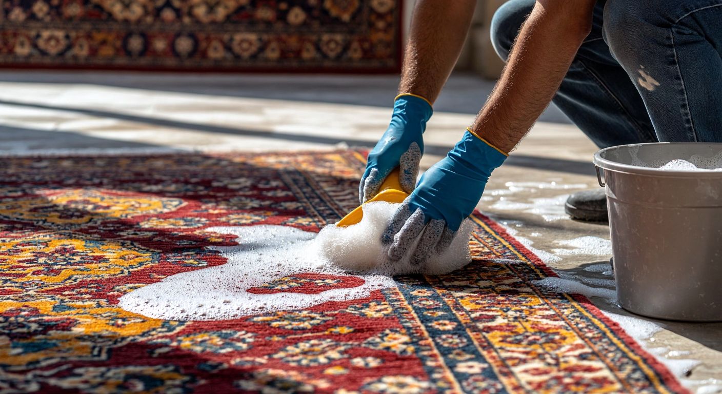 A vibrant Turkish carpet being gently scrubbed by a worker wearing gloves, with natural soap suds and a bucket nearby, under the warm sunlight of a summer day.