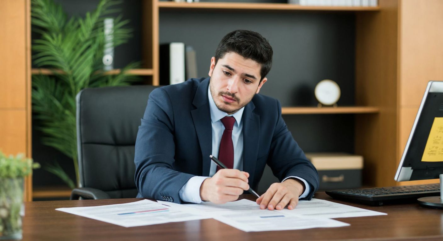 A person in a modern Turkish office setting, wearing a puzzled expression while holding a pen and searching through documents on a wooden desk.
