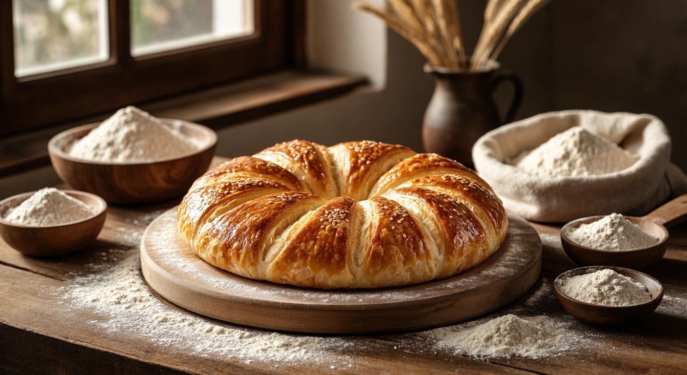 A warm, golden-brown poğaça with flaky layers sits on a wooden tray, surrounded by scattered flour and a bowl of wheat flour in a sunlit Turkish kitchen.