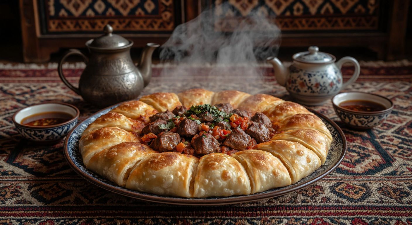 A steaming plate of **Türkmensişi**, a traditional Turkmen dish with golden-brown layers of dough and spiced meat, placed on a woven carpet with a teapot and small bowls nearby, evoking a warm Central Asian dining scene.