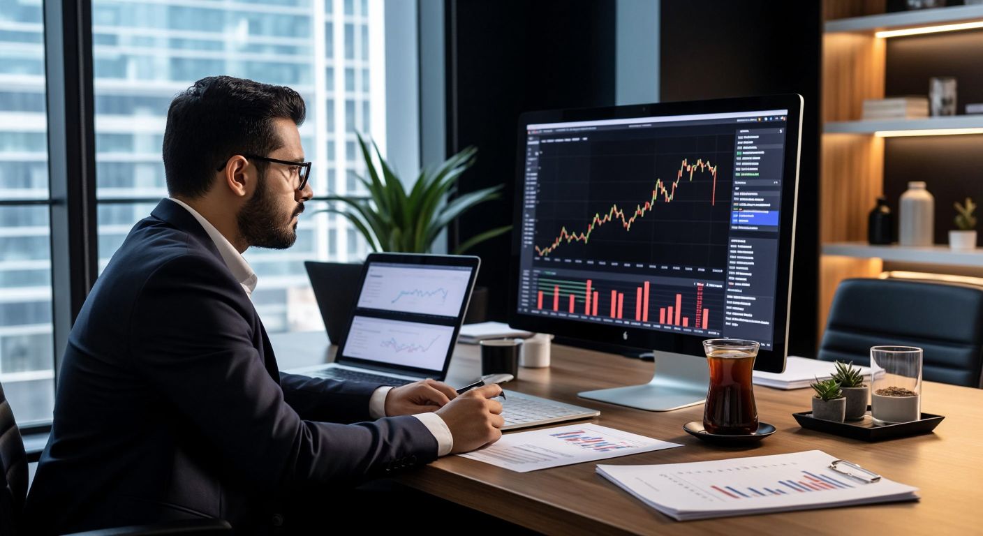 A confident Turkish investor in a modern office studies a rising stock chart on a sleek monitor, surrounded by documents and a steaming cup of Turkish coffee.