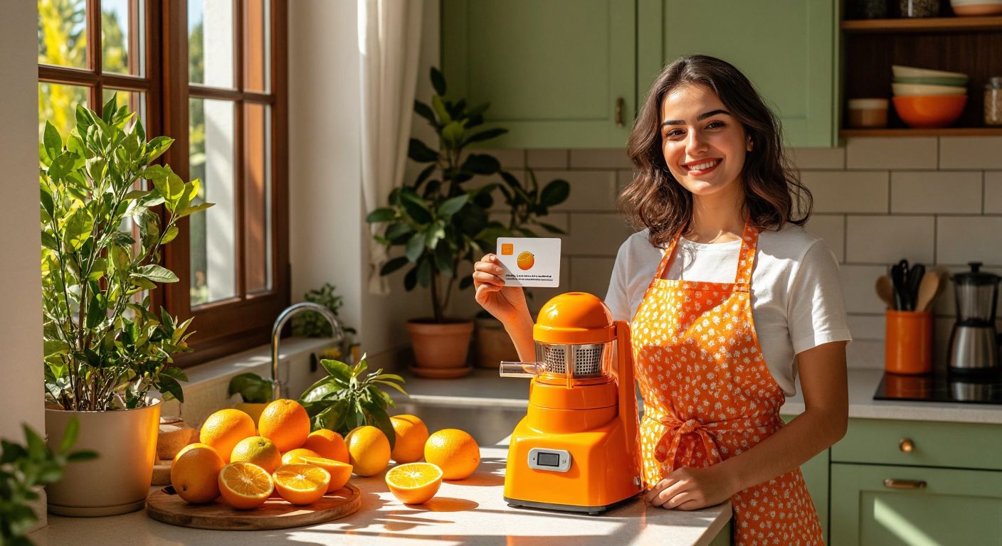 A bright orange juicer sits on a sunlit kitchen counter in Turkey, surrounded by fresh citrus fruits, with a confident Turkish woman in a modern apron smiling as she holds a warranty card.