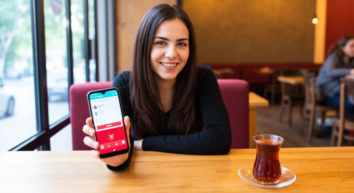 A young Turkish woman in a cozy café, smiling confidently as she holds an Android phone with a banking app open, while a steaming cup of Turkish tea sits beside her on a wooden table.