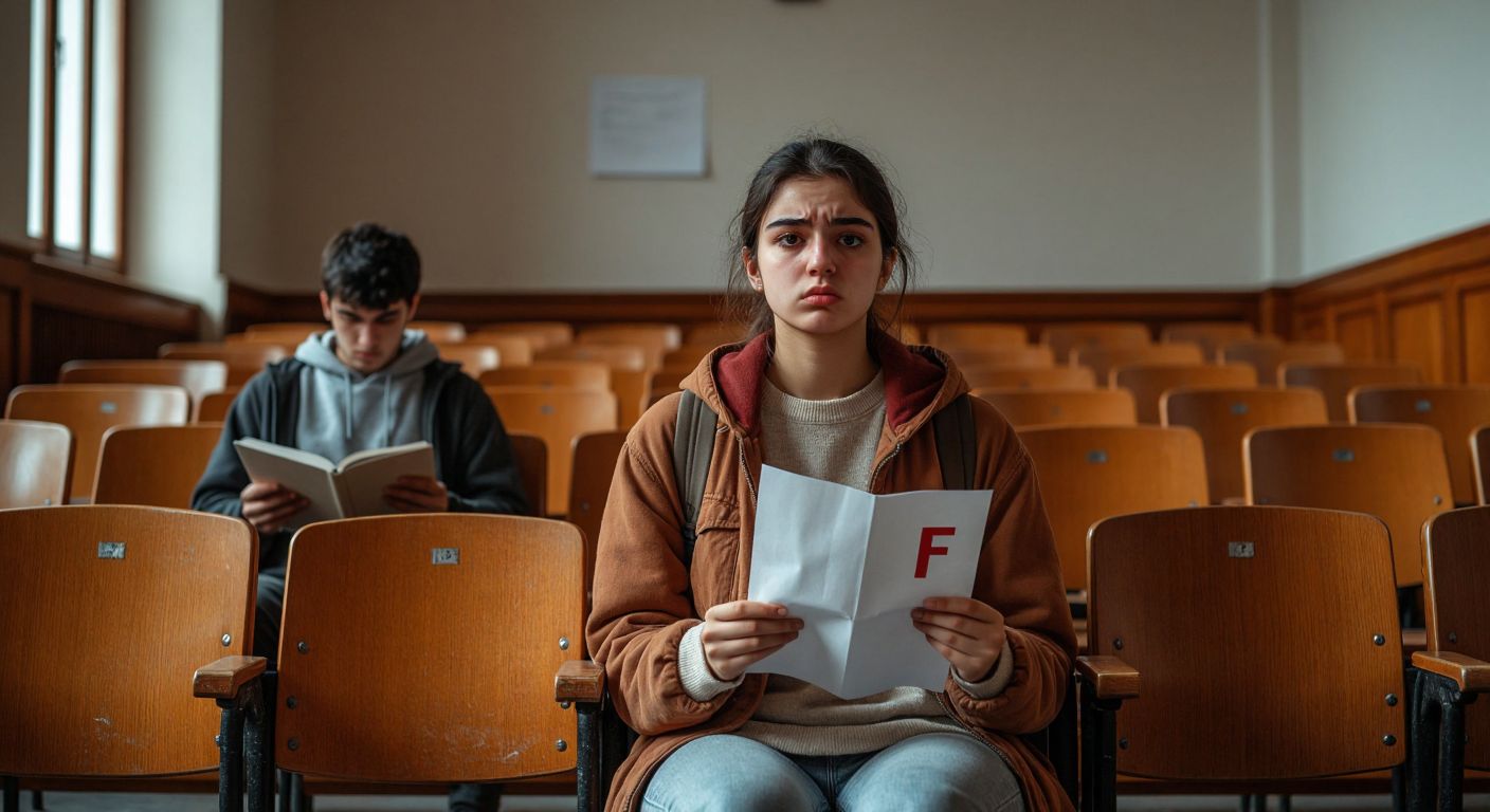A frustrated Turkish university student sits alone in an empty lecture hall, clutching a crumpled exam paper with a red "F" mark, while another student's empty chair and untouched notebook symbolize absence.