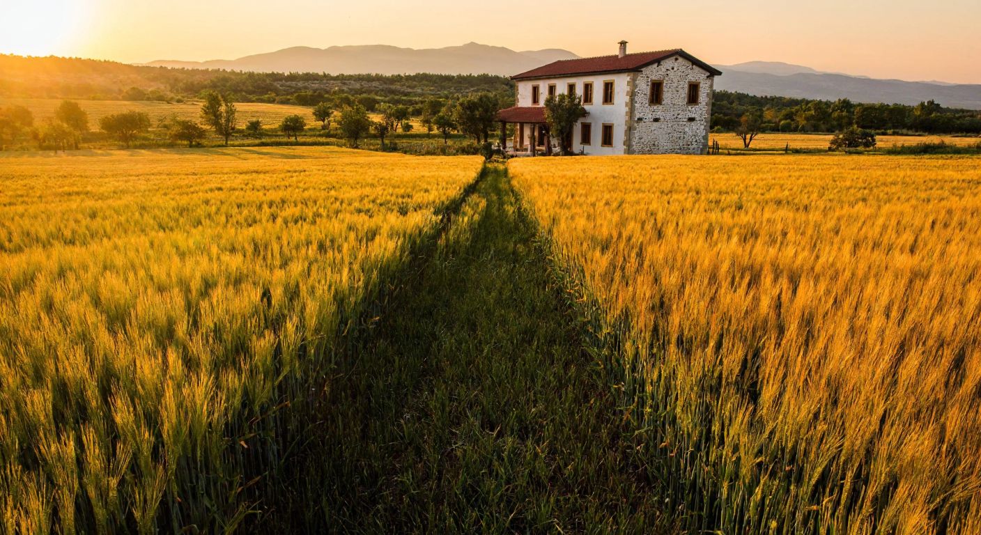 A sunlit Turkish countryside scene with a golden wheat field stretching to one side and a traditional whitewashed stone house with a red-tiled roof on the other, separated by a narrow dirt path.
