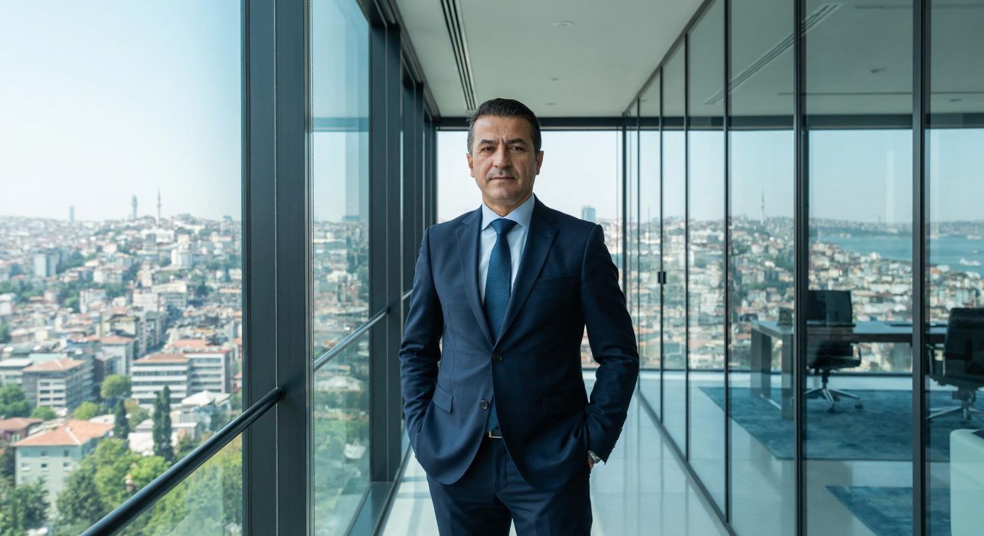 A distinguished middle-aged Turkish man in a tailored navy suit stands confidently in a modern corporate office, surrounded by sleek glass walls and a panoramic view of Istanbul’s skyline, exuding authority and warmth.