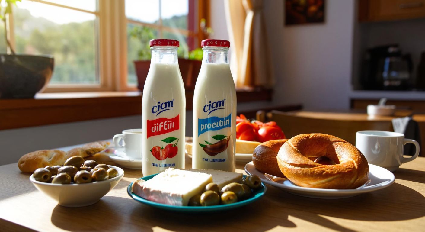 A vibrant Turkish breakfast table with two distinct glass bottles of milk—one labeled *İçim Fit* and the other *İçim Protein*—placed beside fresh simit, olives, and white cheese, with a sunlit kitchen backdrop.