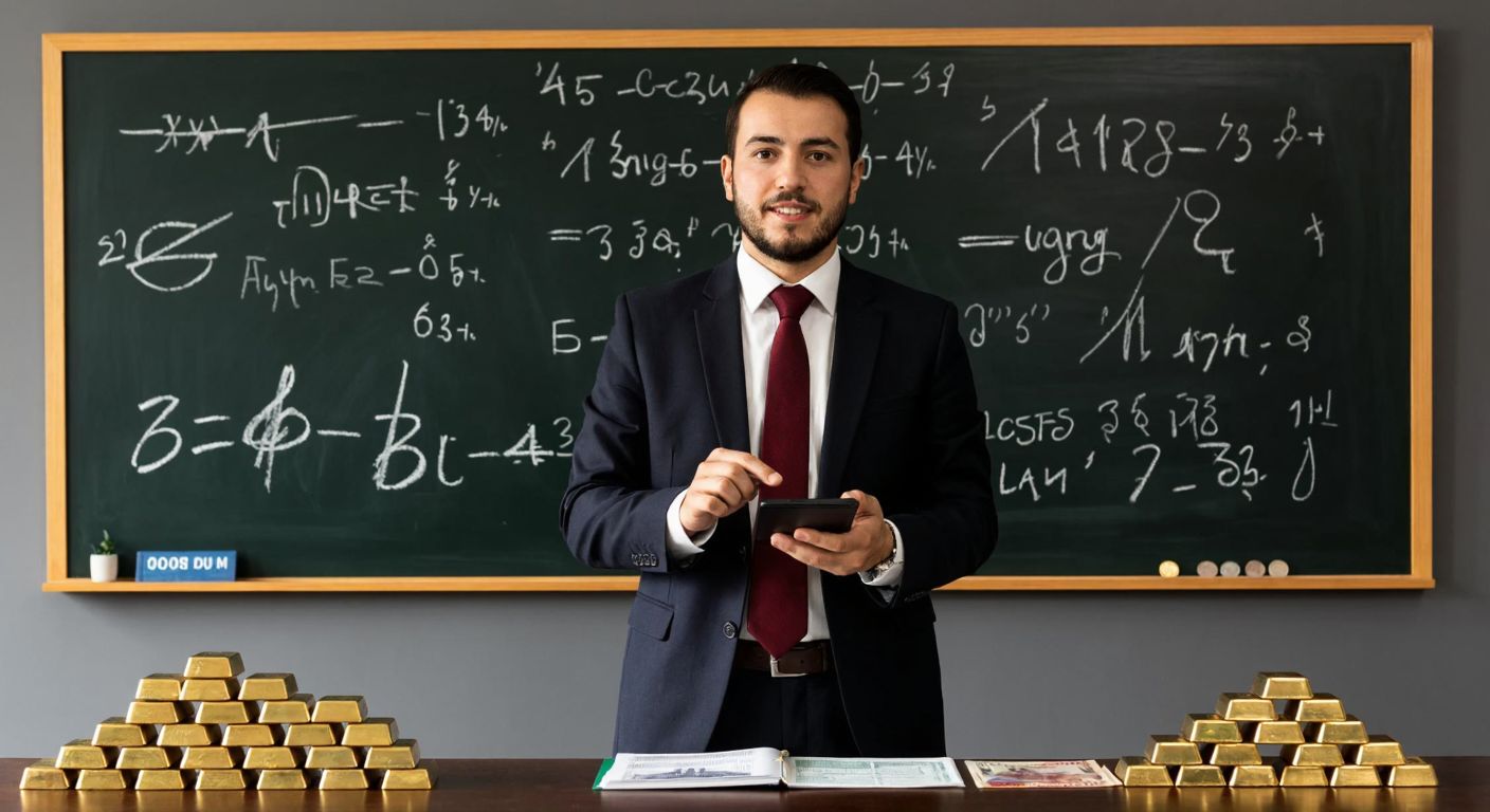 A Turkish economist in a formal suit stands in front of a large chalkboard covered with financial formulas, holding a calculator while pointing at a simplified equation for net reserves, with stacks of gold bars and foreign currency notes neatly arranged on a wooden desk beside him.