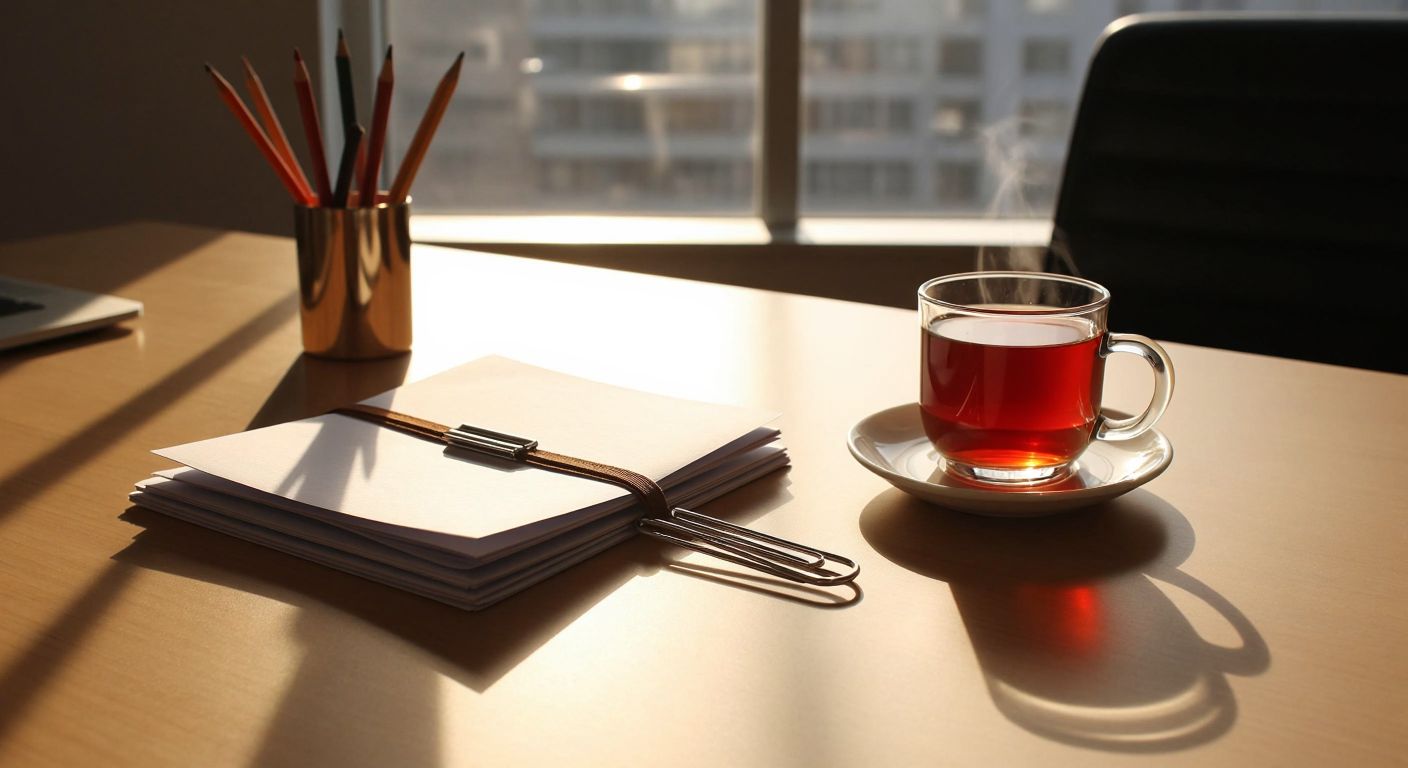 A neat wooden desk in a sunlit Turkish office holds a small pile of papers, one secured with a silver paperclip and another with a bent metal ataş, both resting beside a steaming cup of çay.