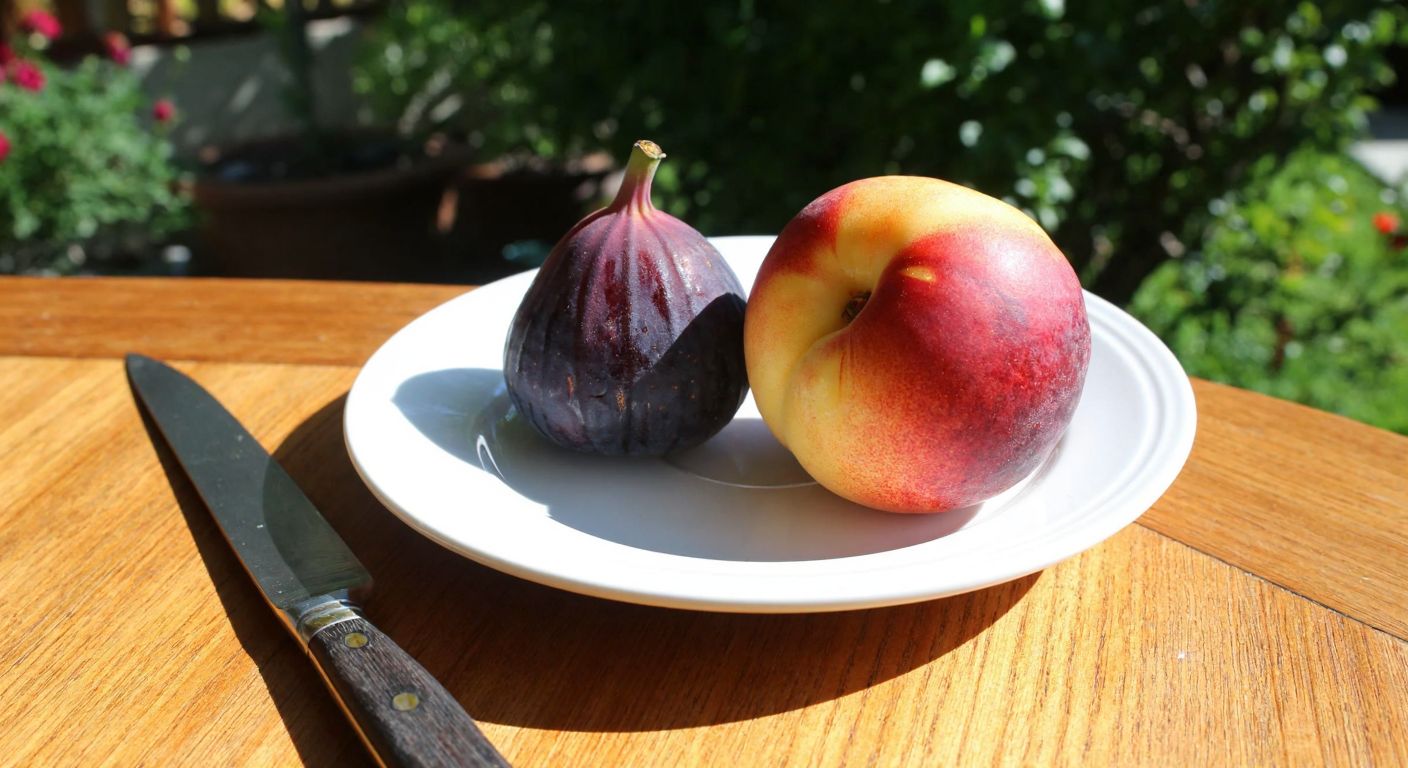 A sunlit wooden table in a Turkish garden holds a ripe peach and a plump fig side by side, their vibrant colors contrasting against a ceramic plate, with a knife resting nearby.