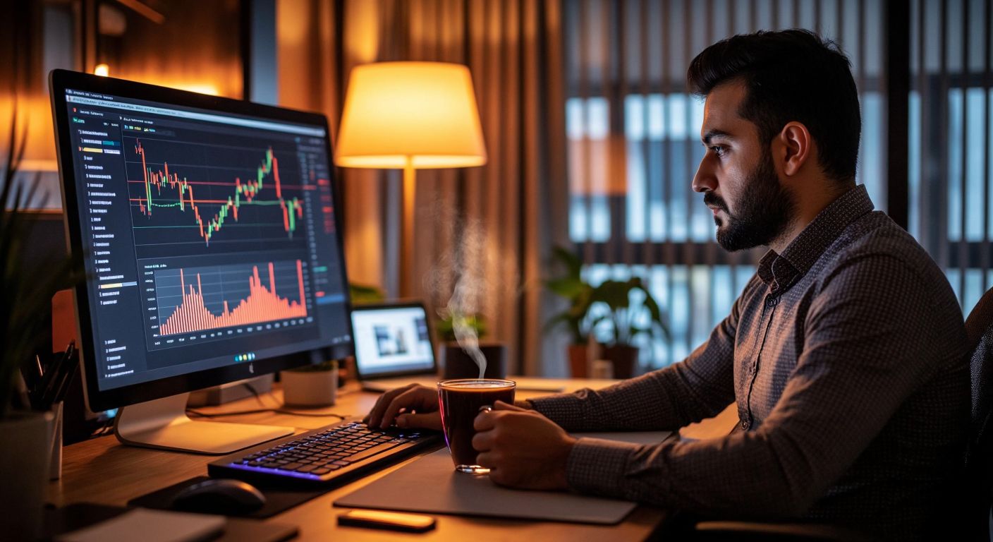 A focused Turkish trader in a modern home office studies a glowing computer screen displaying colorful financial charts, with a steaming cup of Turkish coffee beside the keyboard.