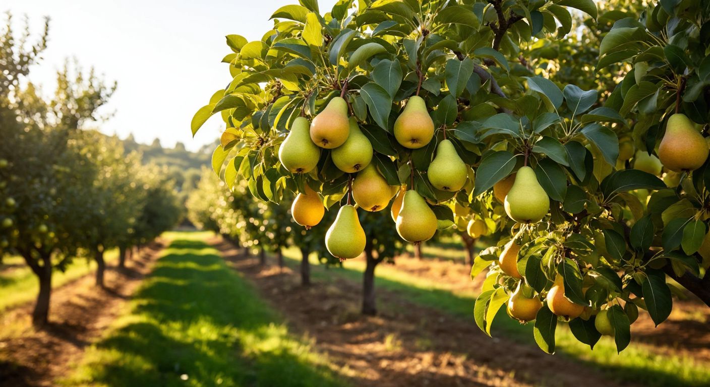 A sunlit orchard in Turkey with ripe green and yellow pears hanging heavily from branches in the golden light of early autumn.