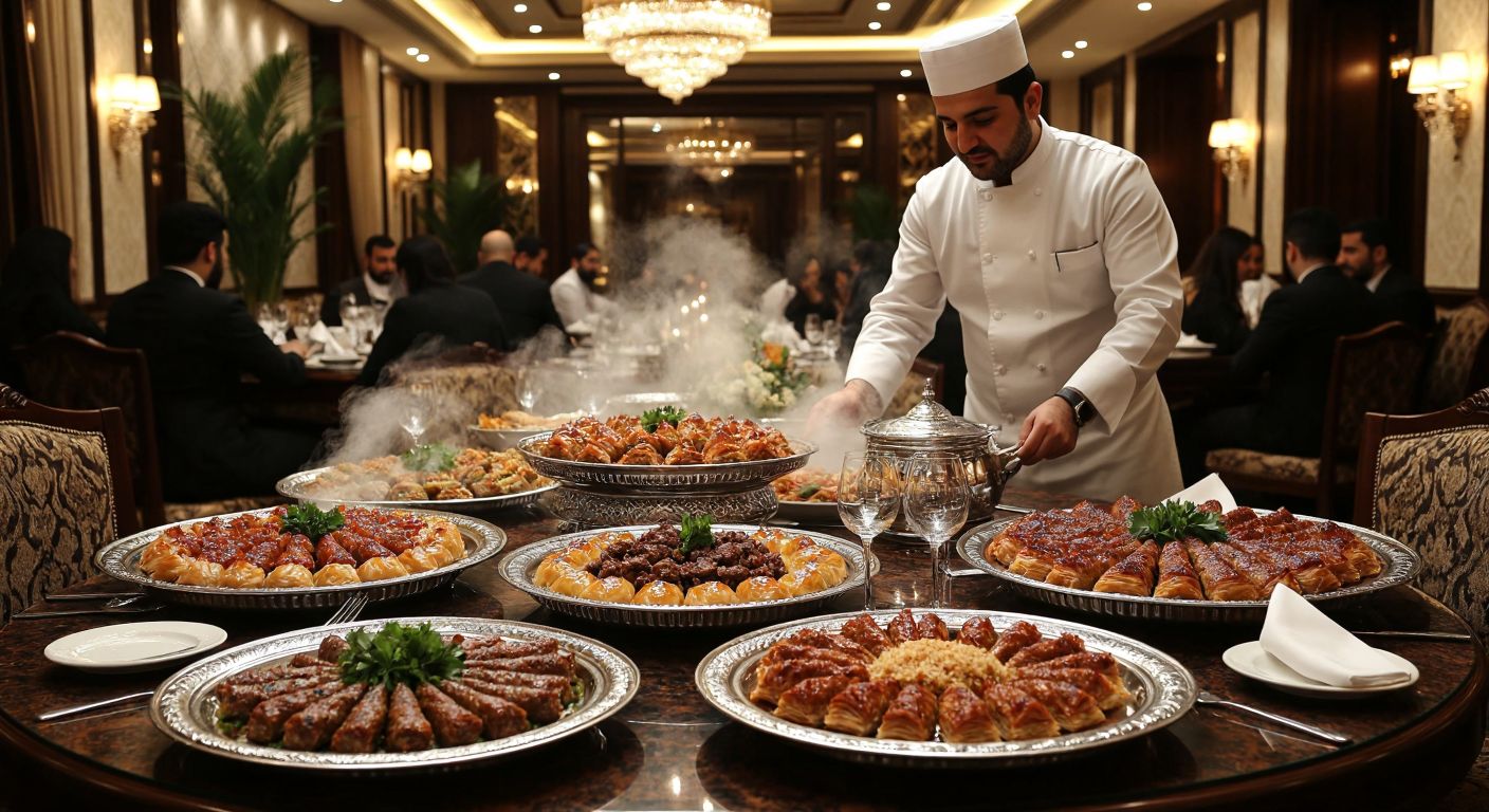 A grand dining table in an elegant Turkish restaurant, adorned with large silver platters of steaming kebabs and baklava, where a waiter in a crisp white uniform gracefully serves guests dressed in formal attire.
