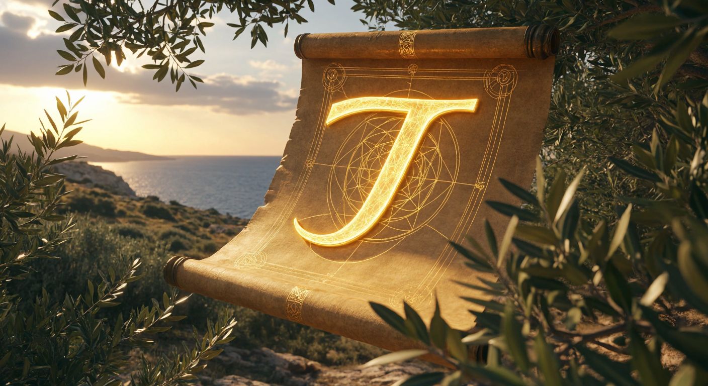 A glowing golden Greek letter π hovering over an ancient scroll with geometric diagrams of circles, surrounded by olive branches under a Mediterranean sky.