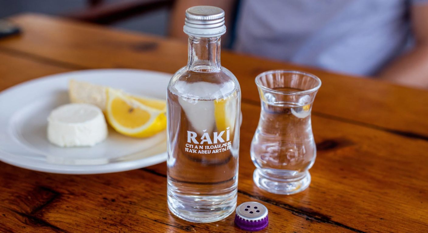 A small, clear glass bottle of rakı sits on a rustic wooden table next to a traditional Turkish water glass, with a slice of lemon and a plate of white cheese in the background.