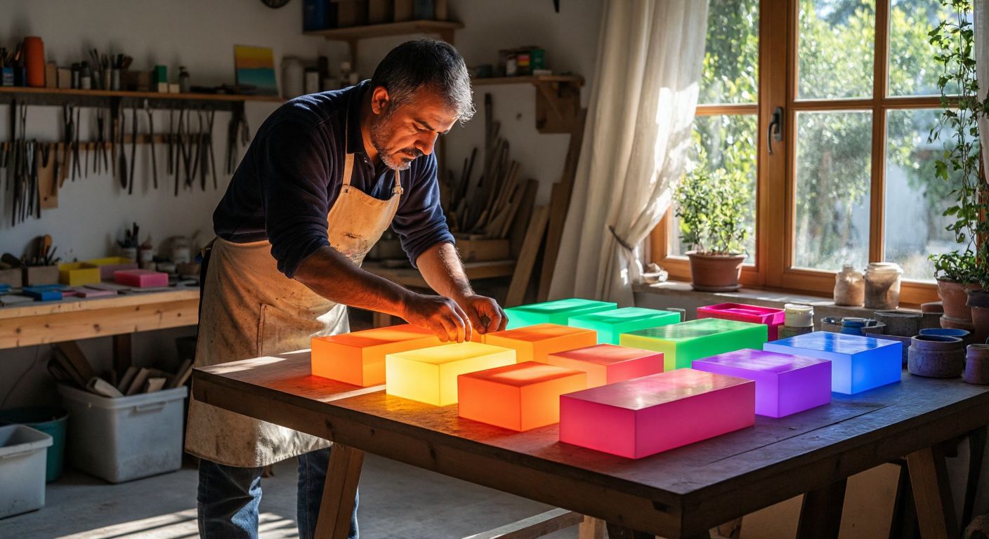 A craftsman in a Turkish workshop carefully arranges glowing, translucent acrylic box letters in various colors on a wooden table, with sunlight streaming through a nearby window.