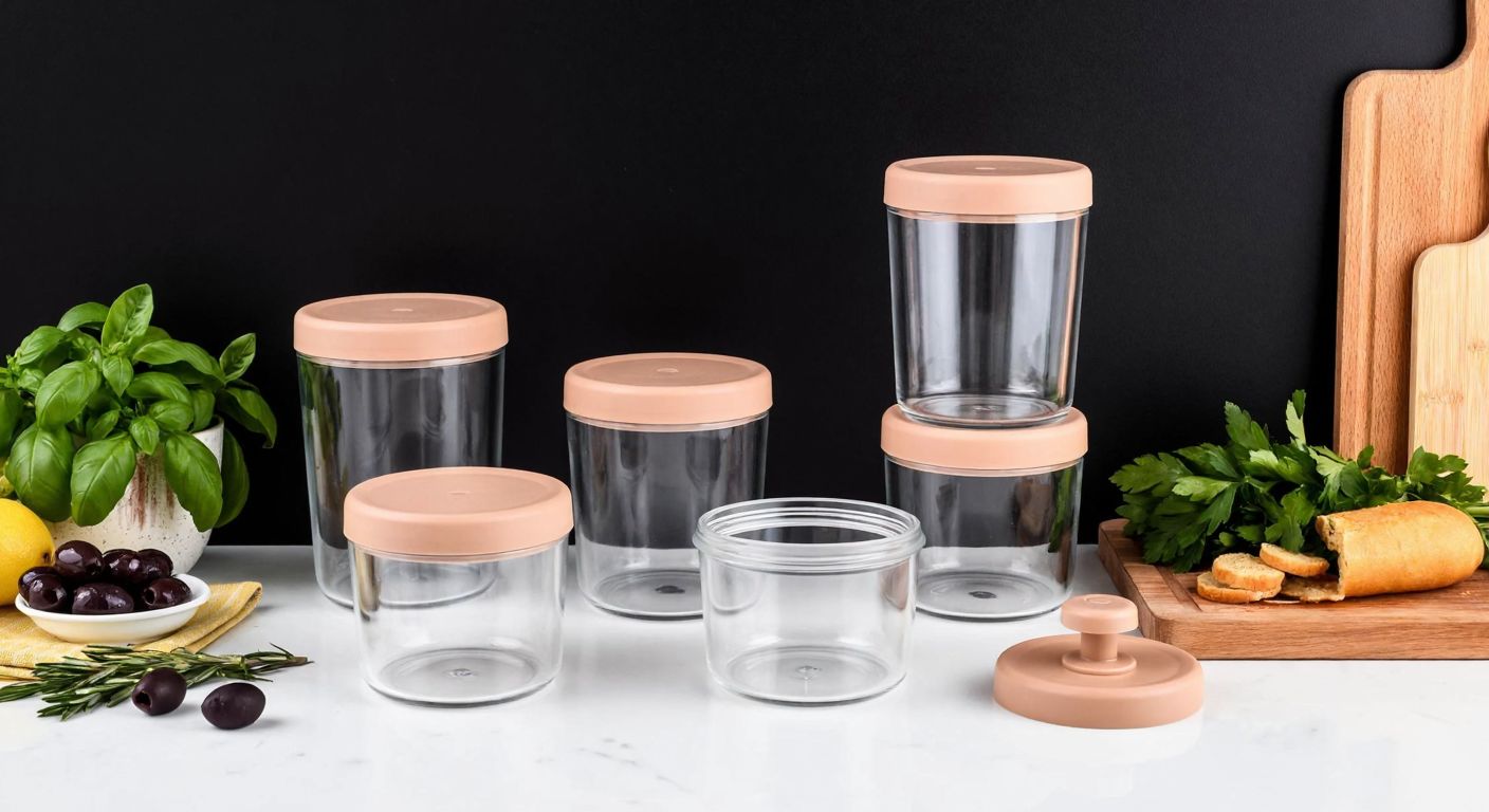A neatly arranged set of five clear glass storage containers with beige lids and a small vacuum pump on a Turkish kitchen counter, surrounded by fresh ingredients like olives and herbs.