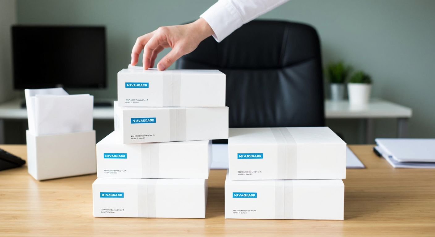 A neatly stacked pile of five white Navigator paper packages on a wooden desk in a well-lit office, with a hand reaching to take one.