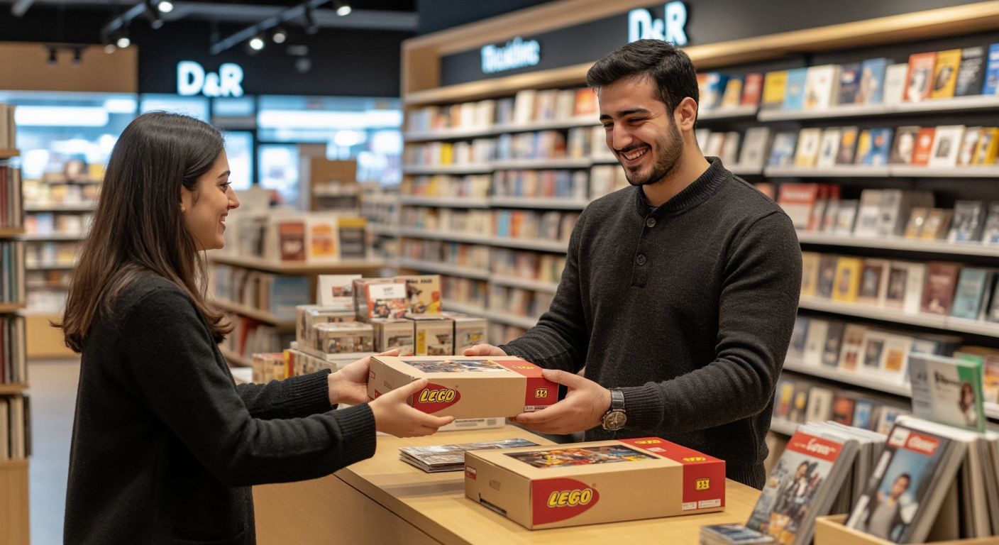 A smiling Turkish shop assistant in a D&R bookstore hands a neatly packaged Lego box back to a relieved customer, with the original receipt and undamaged packaging visible on the counter between them.