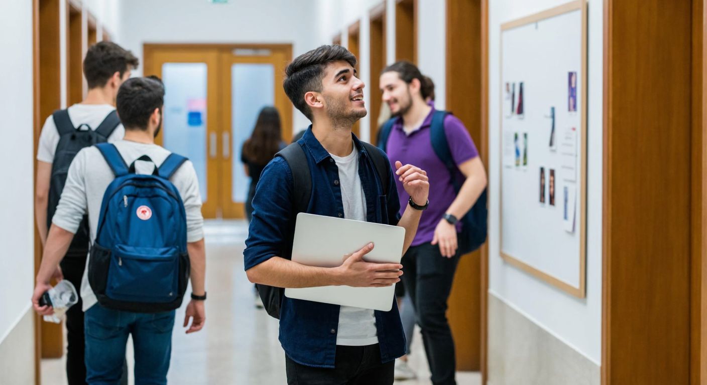 A young student in a university hallway in Istanbul, holding a laptop and looking at a bulletin board with a hopeful expression, surrounded by other students chatting and carrying backpacks.