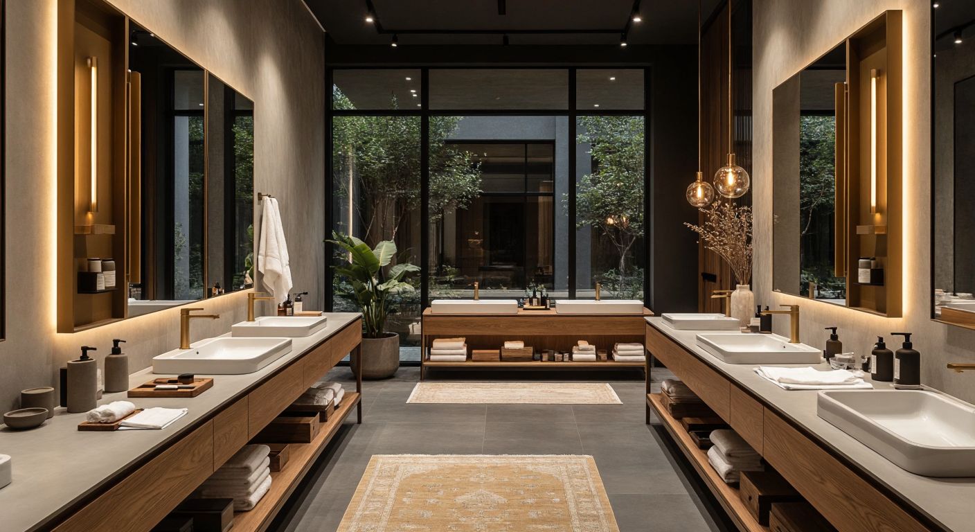 A modern Turkish workshop with craftsmen assembling sleek brass door handles and wooden furniture accents under warm lighting, surrounded by neatly arranged bathroom fixtures and architectural blueprints.