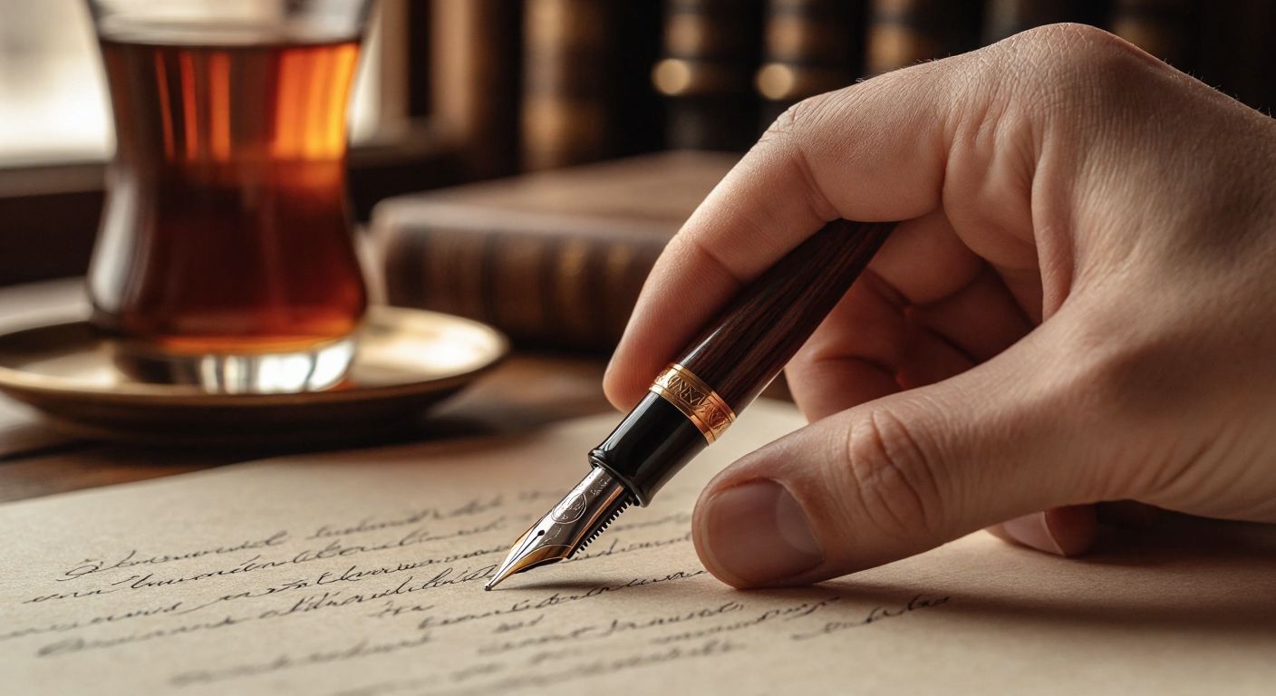 A close-up of a hand gracefully pressing a flexible fountain pen nib onto textured paper, creating varying ink strokes, with a warm wooden desk and a traditional Turkish tea glass in the background.