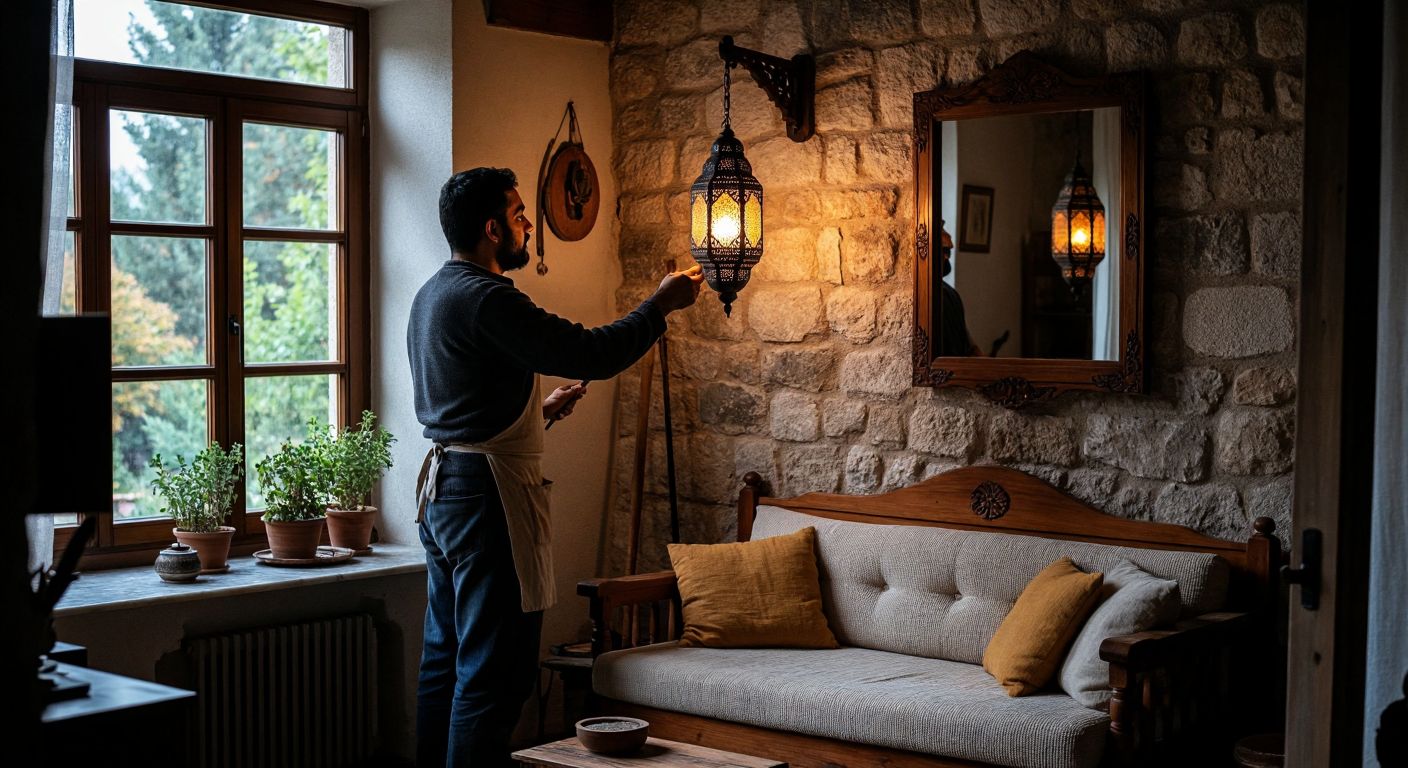 A Turkish craftsman in a cozy home setting carefully adjusts a hanging wall lamp at different heights—near a plush sofa, above a wooden bed frame, beside a bathroom mirror, and by an outdoor stone wall—demonstrating ideal placement with a measuring tape.