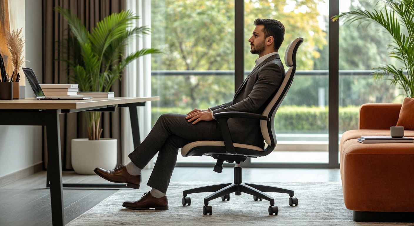 A modern office chair with adjustable height (40-50 cm) in a Turkish workspace, where a professionally dressed person sits with their knees at a 90-degree angle and feet flat on the floor, demonstrating ergonomic posture.