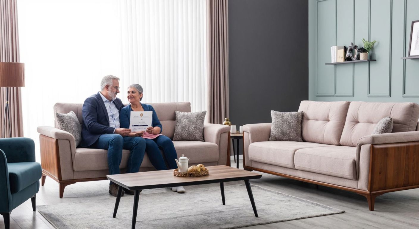 A cozy living room in Turkey with a plush Bambi brand sofa set, where a middle-aged couple sits comfortably, one holding a warranty document while the other gestures reassuringly.