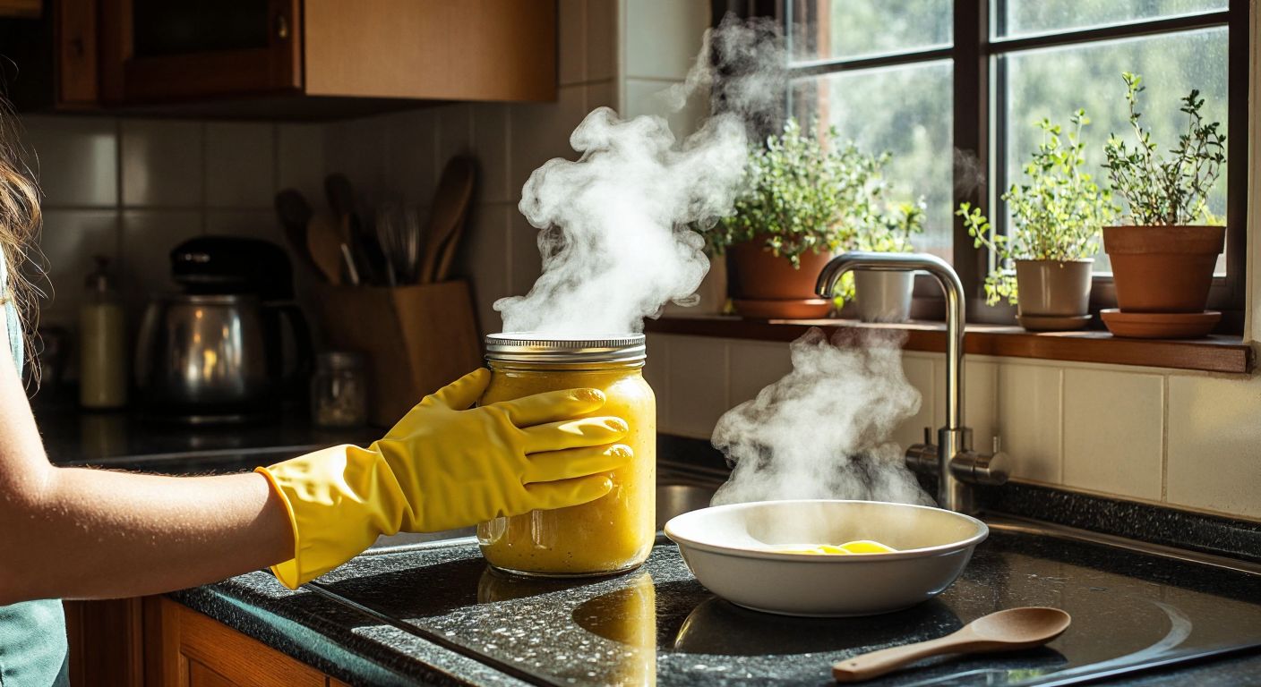 A Turkish kitchen counter with a stubborn jar, yellow rubber gloves gripping its lid, a wooden spoon nearby, and steam rising from a bowl of hot water.