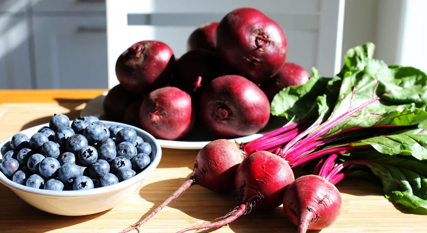 A vibrant wooden table in a Turkish kitchen displays a bowl of fresh blueberries, a pile of deep-red cabbage, a bunch of spinach, and ruby-red beetroots, bathed in warm sunlight.
