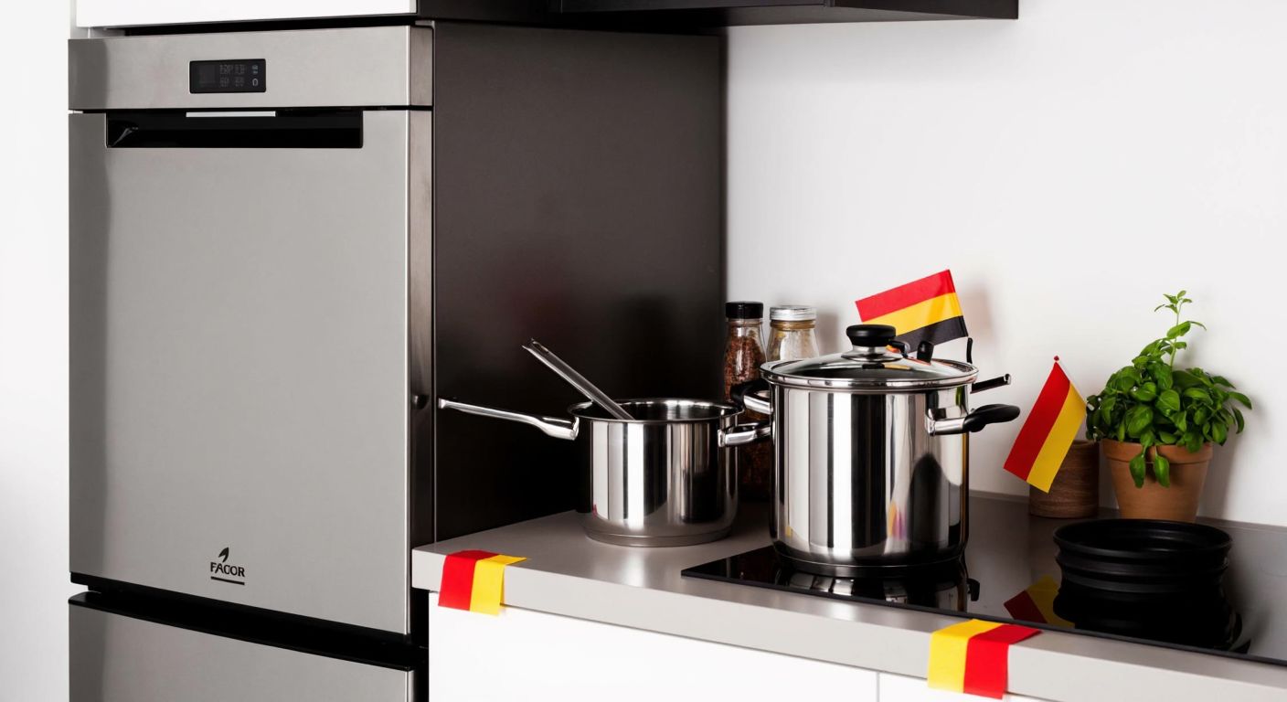 A sleek stainless steel Fagor commercial dishwasher sits beside a polished Fissler pressure cooker on a kitchen counter, with Spanish and German flags subtly reflected in their surfaces.