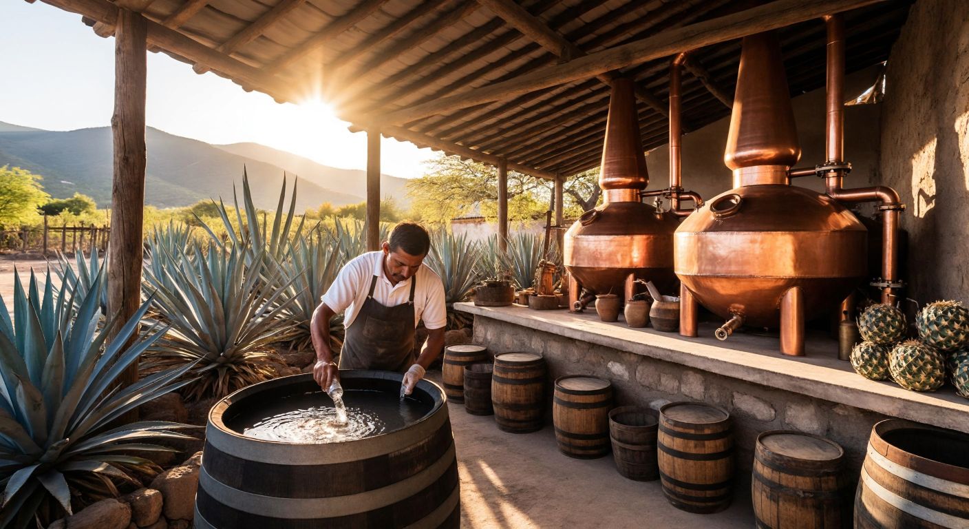 A rustic Mexican distillery with copper stills and blue agave plants under a warm sun, as a worker pours clear ethyl alcohol into a barrel.