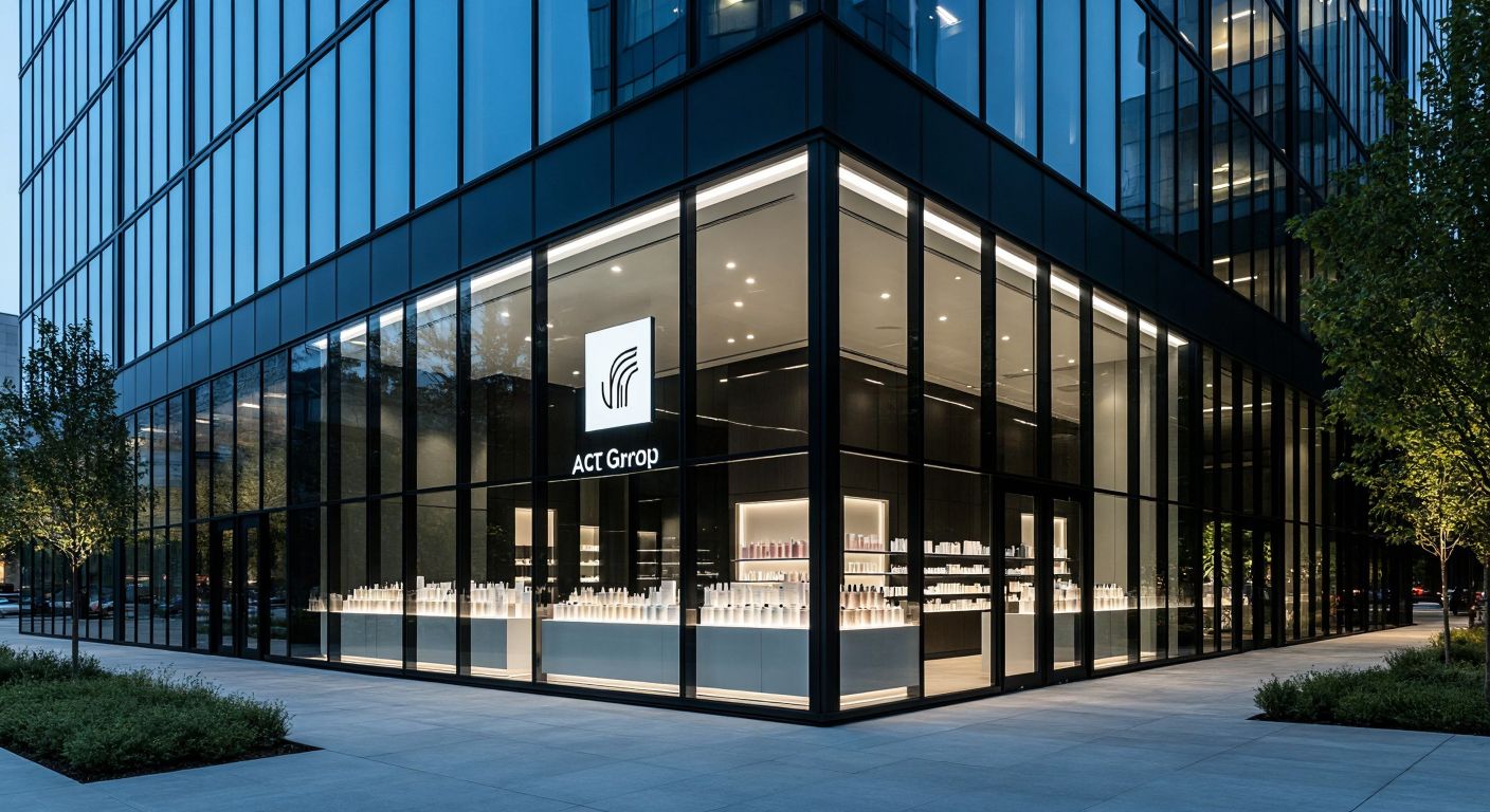 A sleek, modern office building with the ACT Group logo subtly integrated into its glass facade, surrounded by neatly arranged cosmetic products under soft lighting.