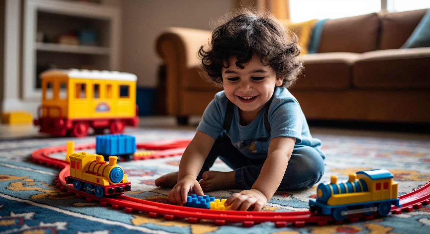A smiling Turkish child with dark curly hair sits on a colorful rug, carefully connecting bright plastic train tracks while a blue toy train waits nearby.