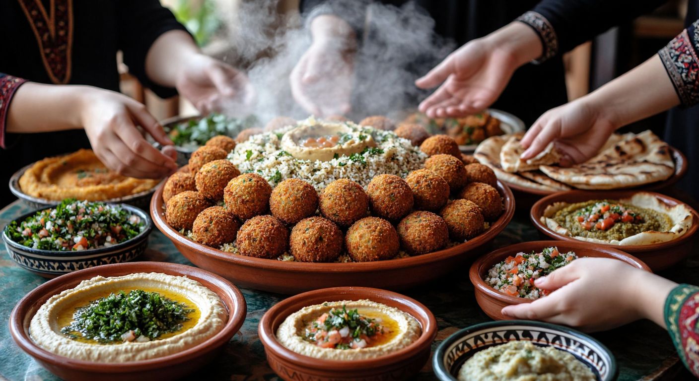 A vibrant table in Jordan laden with steaming mansaf on a large platter, golden-brown falafel, creamy hummus in a clay bowl, fresh tabbouleh with parsley, warm pita bread, and syrupy kunafa, surrounded by eager hands reaching to share the feast.