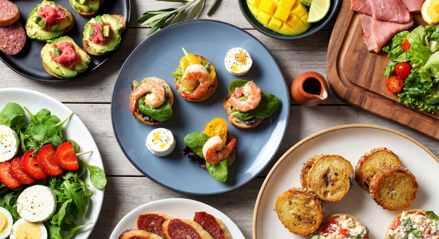 A vibrant Turkish breakfast spread featuring an array of colorful canapés—avocado and tuna on toast, spinach-mushroom bites, mango-shrimp skewers, goat cheese rounds, hazelnut-muz slices, strawberry bruschetta, crispy sausage rolls, and fresh salad wraps—arranged on a rustic wooden table with ceramic plates and olive branches.