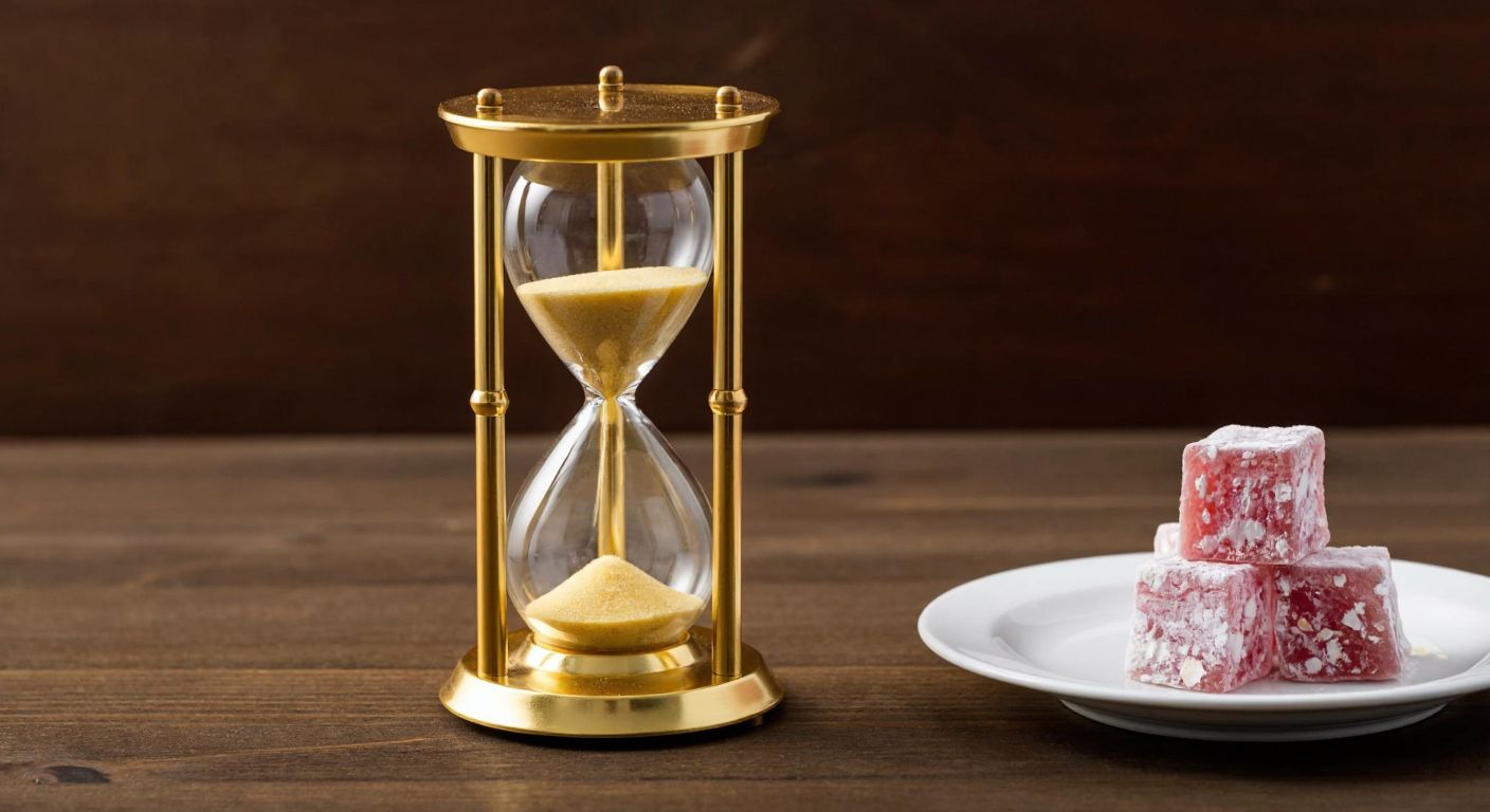 A golden hourglass with fine sand trickling down sits on a wooden table beside a small plate of Turkish delight, symbolizing the fleeting nature of time.