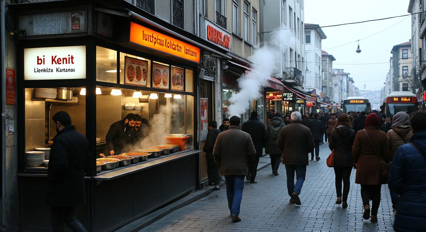 A bustling street in Istanbul's Fatih district, with people walking past a modest yet inviting municipal eatery (İBB Kent Lokantası) near a bus stop, its warm interior glowing with steam rising from trays of traditional Turkish dishes like lentil soup and stews.